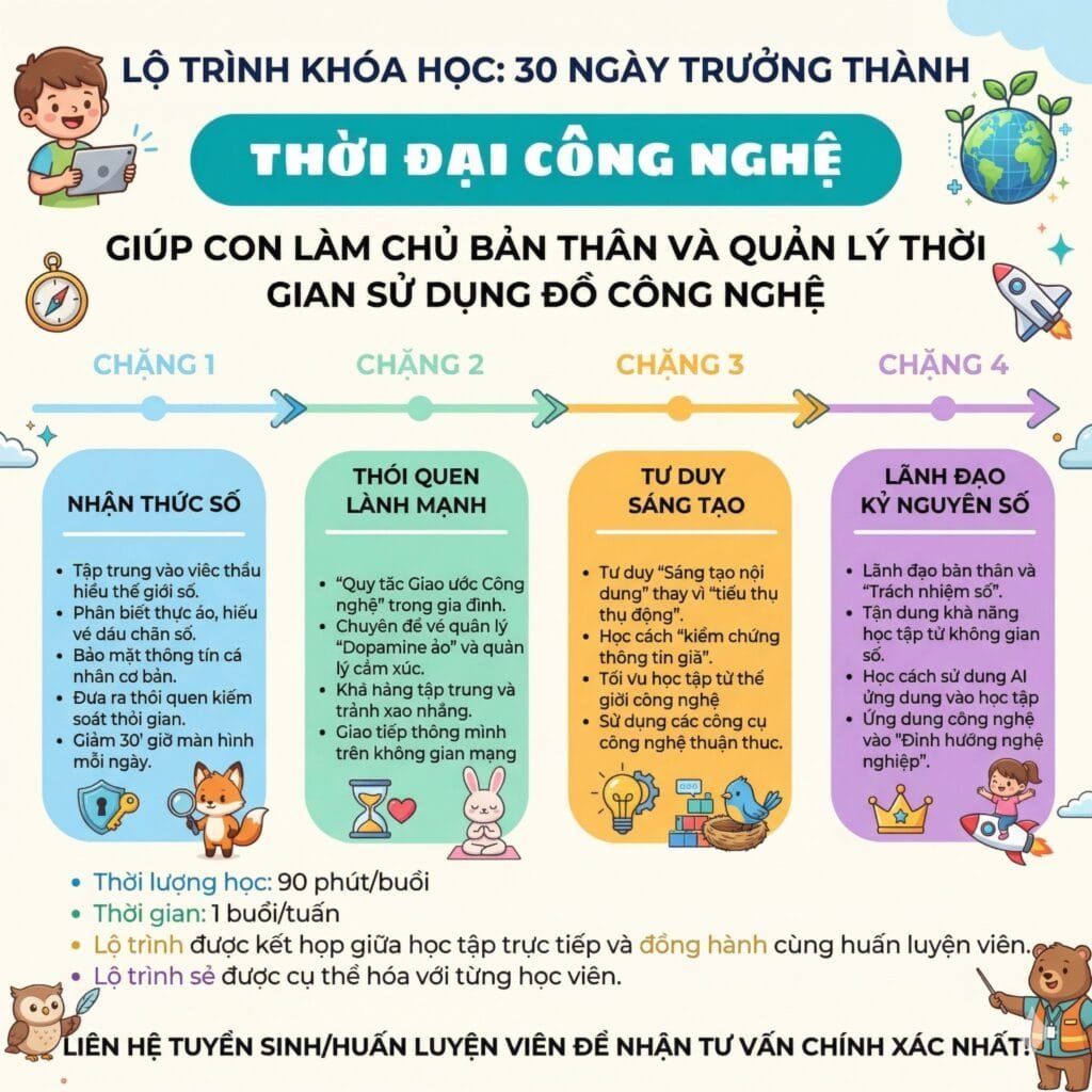 Khóa Học “30 Ngày Trưởng Thành Thời Đại Công Nghệ”: Giúp Con Làm Chủ Bản Thân, Quản Lý Thời Gian Sử Dụng Thiết Bị Số - Lịch học